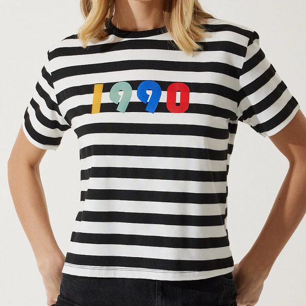 Kadın Siyah Beyaz Baskılı Çizgili Örme  T-Shirt