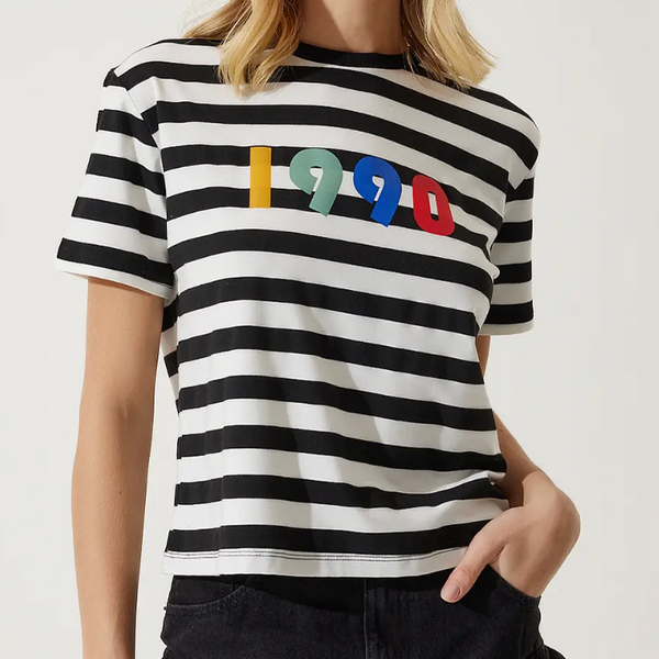Kadın Siyah Beyaz Baskılı Çizgili Örme  T-Shirt