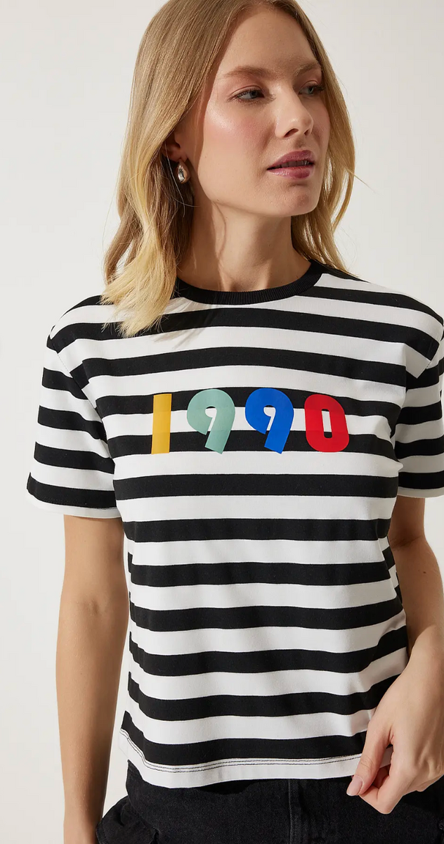 Kadın Siyah Beyaz Baskılı Çizgili Örme  T-Shirt