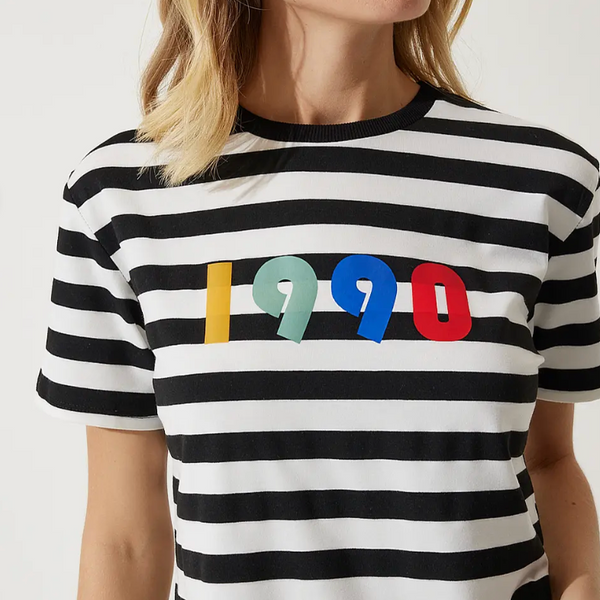 Kadın Siyah Beyaz Baskılı Çizgili Örme  T-Shirt