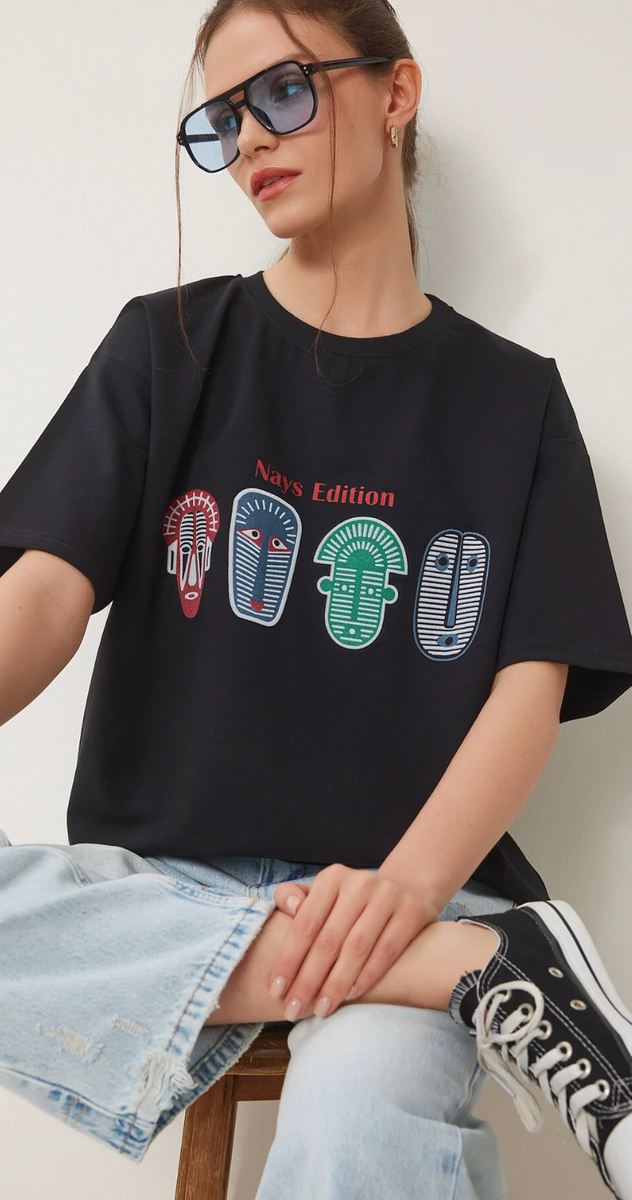 Kadın Siyah Oversize Baskılı Örme T-Shirt