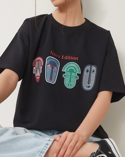 Kadın Siyah Oversize Baskılı Örme T-Shirt