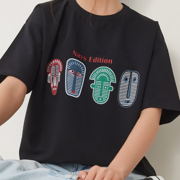 Kadın Siyah Oversize Baskılı Örme T-Shirt