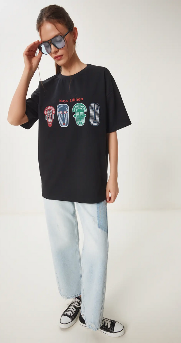 Kadın Siyah Oversize Baskılı Örme T-Shirt