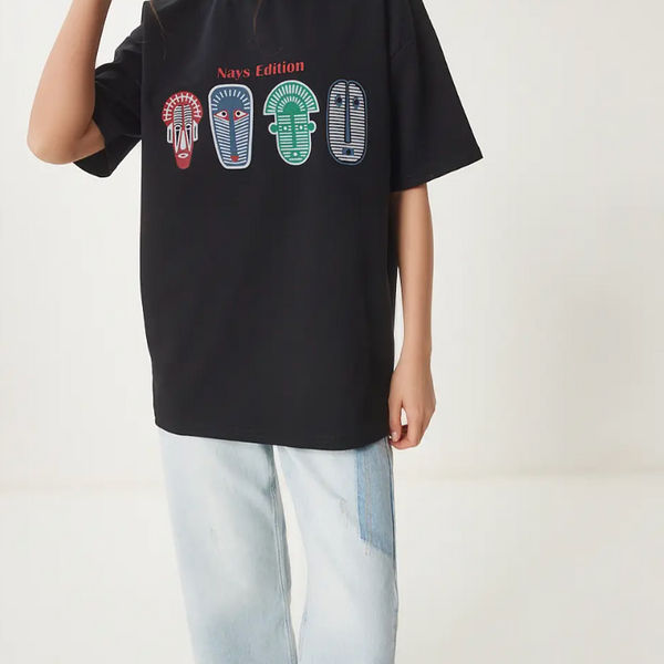 Kadın Siyah Oversize Baskılı Örme T-Shirt