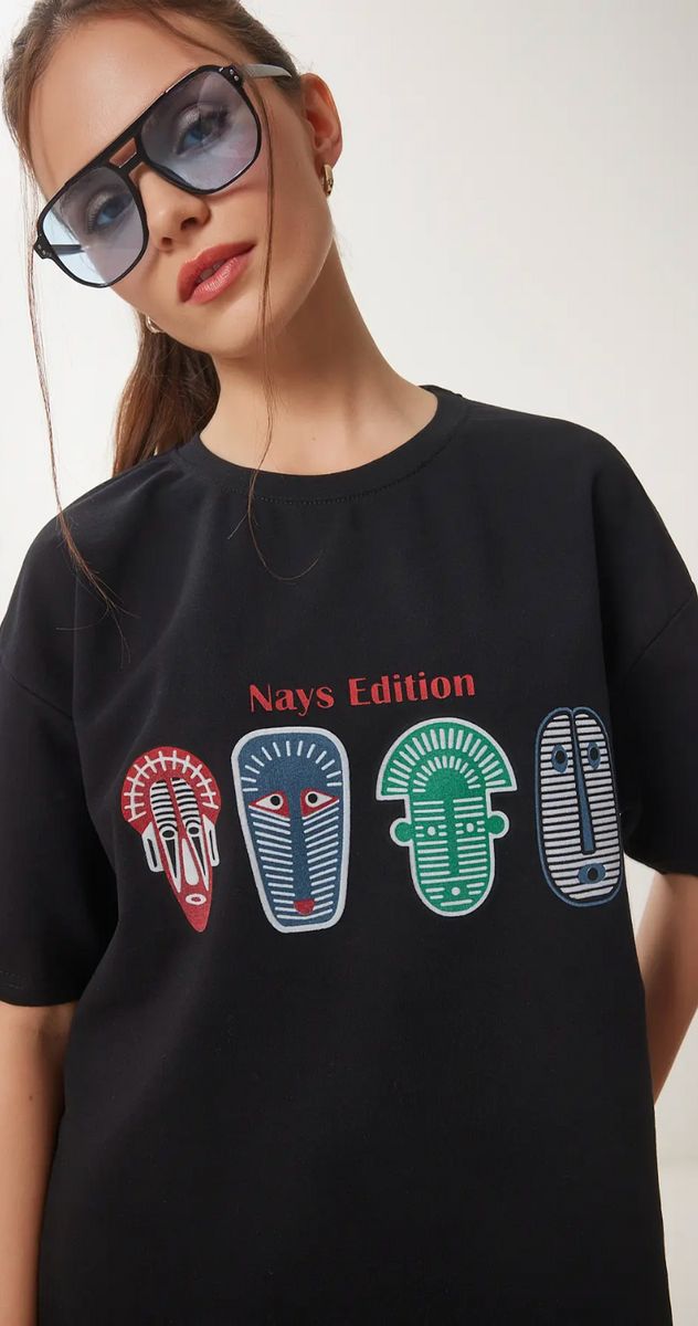 Kadın Siyah Oversize Baskılı Örme T-Shirt