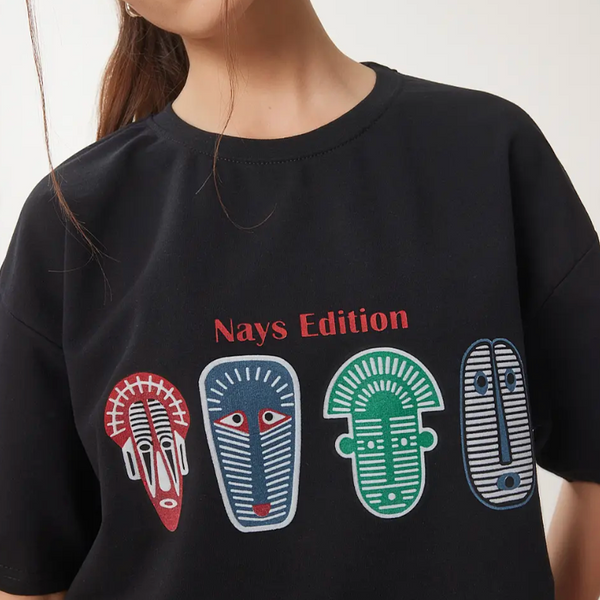 Kadın Siyah Oversize Baskılı Örme T-Shirt