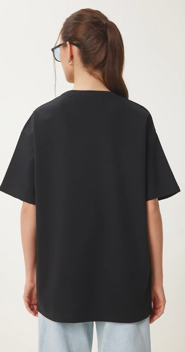 Kadın Siyah Oversize Baskılı Örme T-Shirt