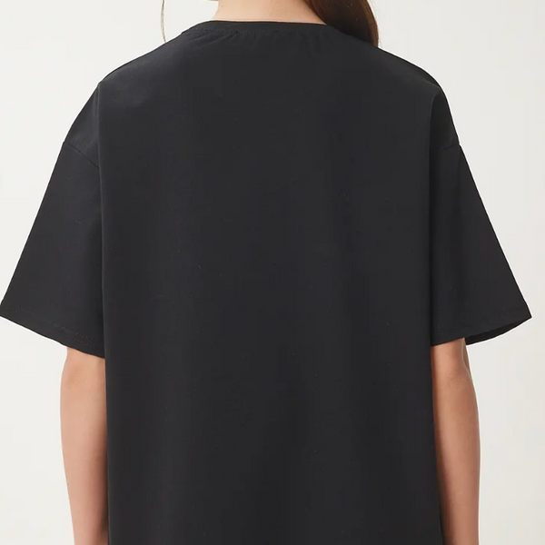 Kadın Siyah Oversize Baskılı Örme T-Shirt