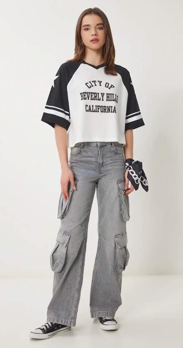 Kadın Siyah Beyaz Sloganlı Pamuklu Örme T-Shirt