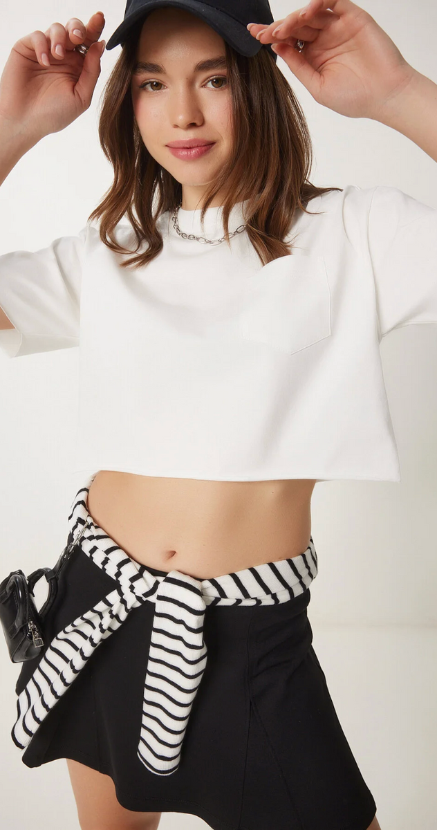 Kadın Pamuklu Crop Örme T-Shirt