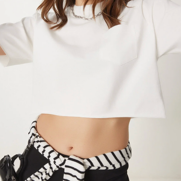 Kadın Pamuklu Crop Örme T-Shirt