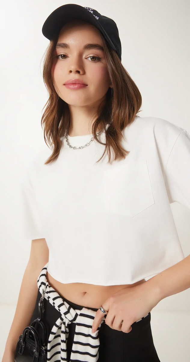 Kadın Pamuklu Crop Örme T-Shirt