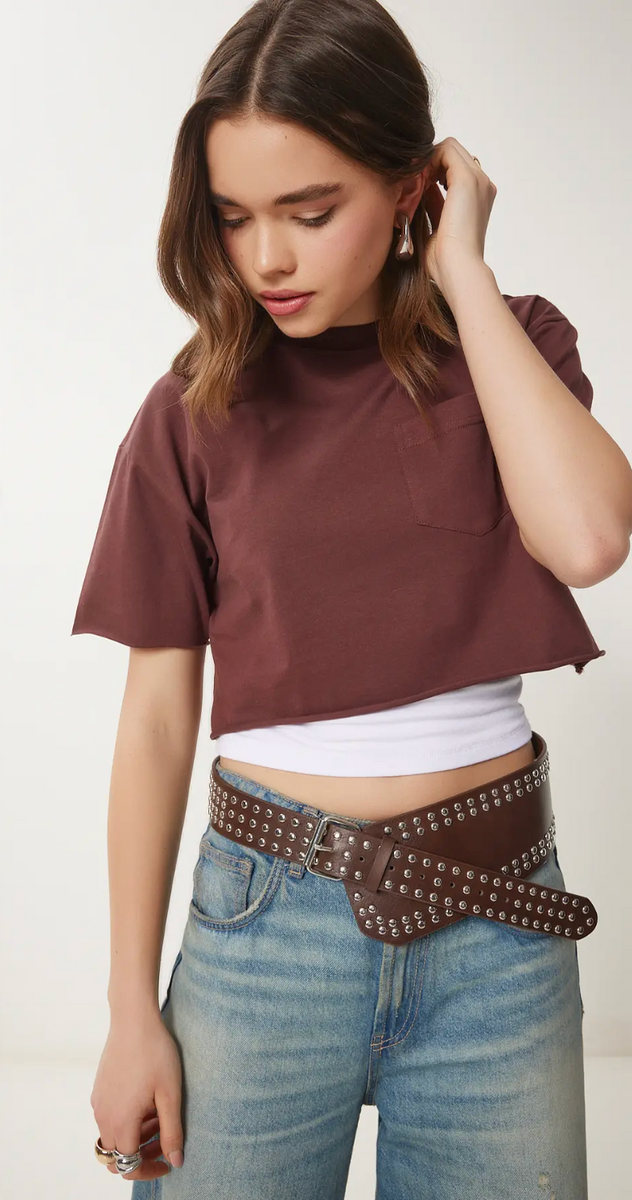 Kadın Pamuklu Crop Örme T-Shirt