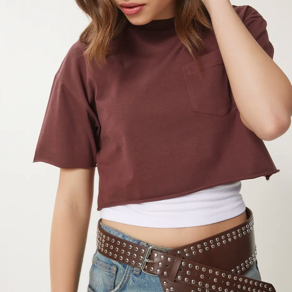 Kadın Pamuklu Crop Örme T-Shirt