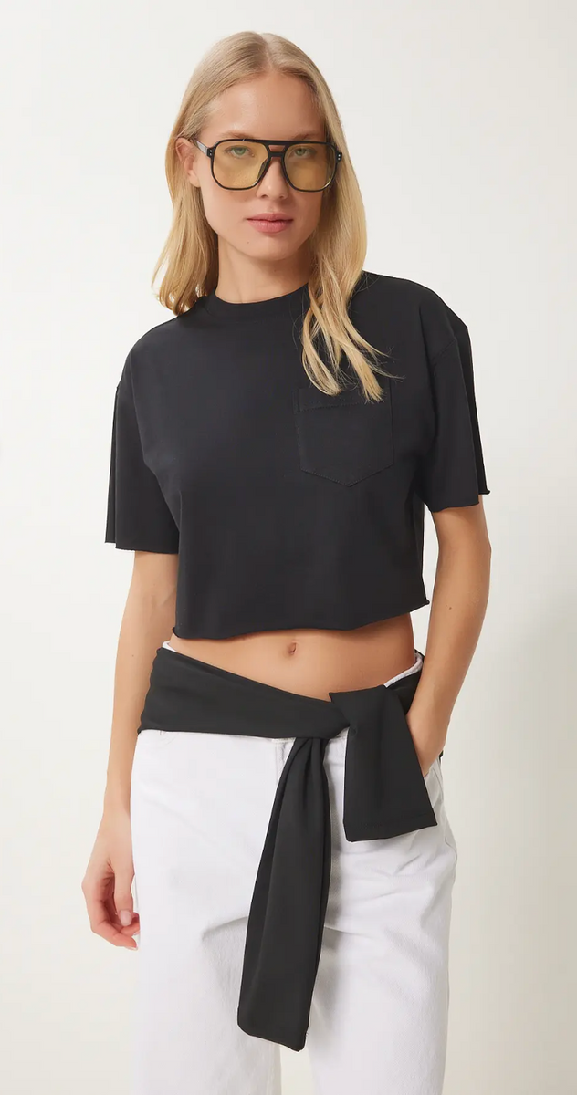 Kadın Pamuklu Crop Örme T-Shirt