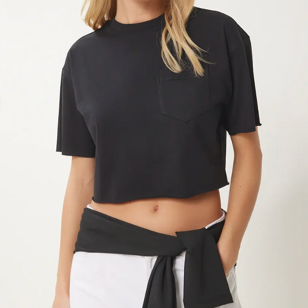 Kadın Pamuklu Crop Örme T-Shirt