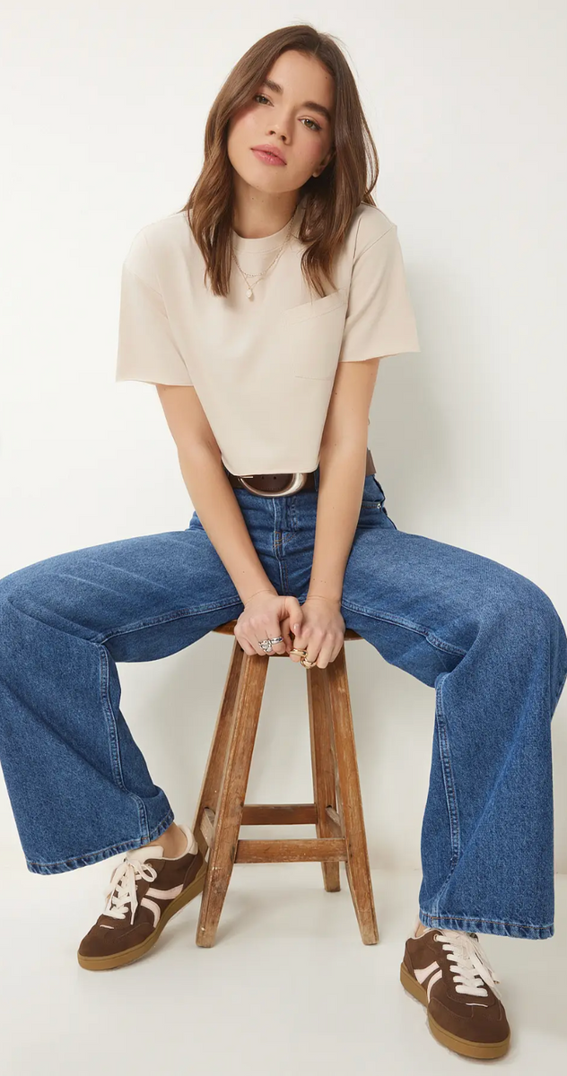 Kadın Pamuklu Crop Örme T-Shirt
