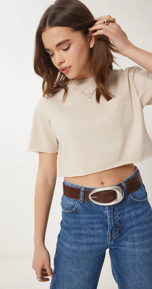 Kadın Pamuklu Crop Örme T-Shirt