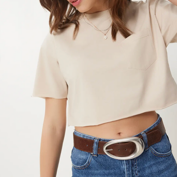 Kadın Pamuklu Crop Örme T-Shirt