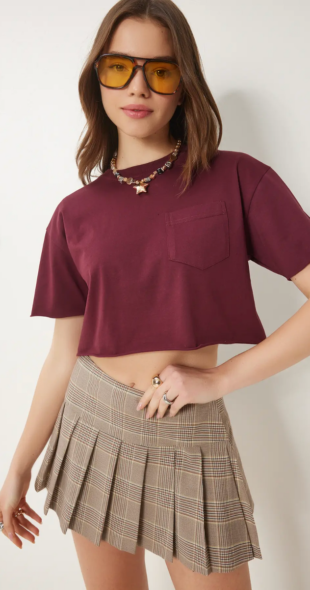 Kadın Pamuklu Crop Örme T-Shirt