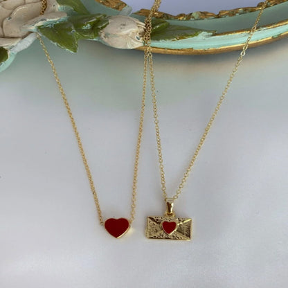 Kırmızı Zarf Kolye ve Kırmızı Kalp Kolye 2'li Set