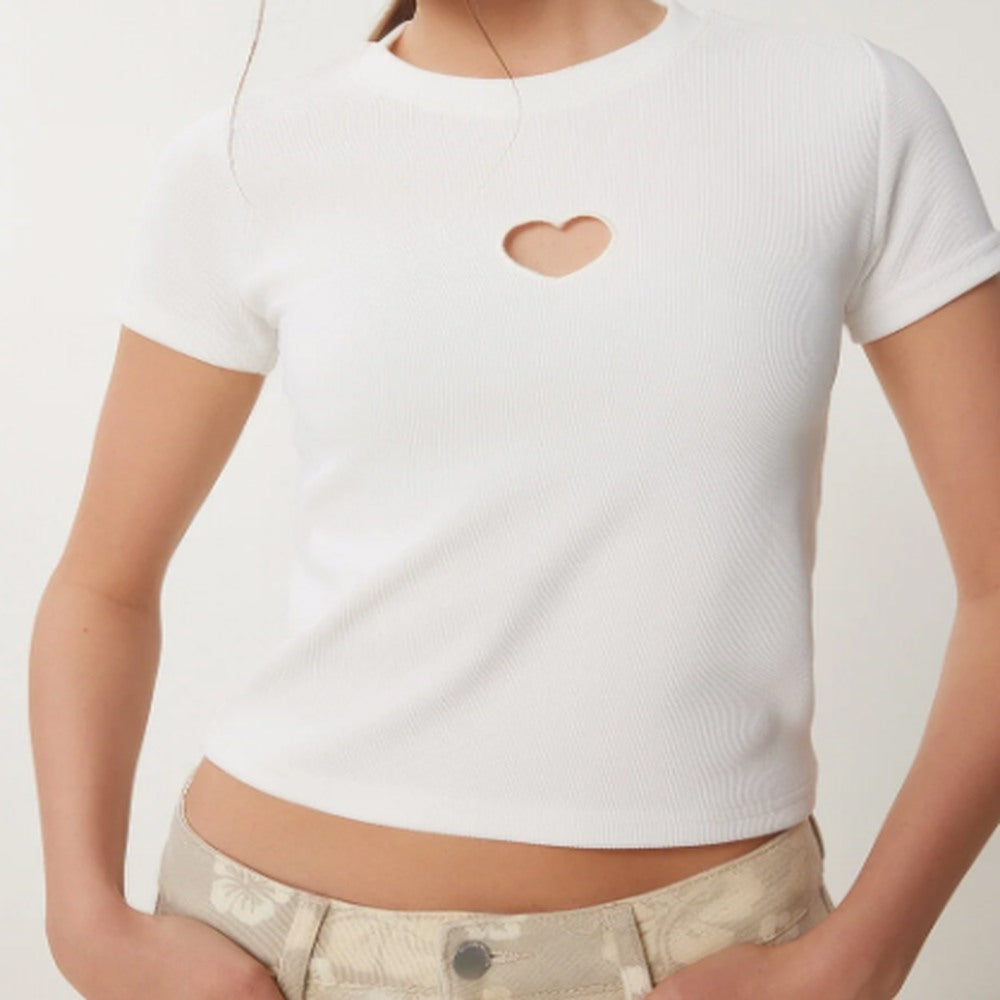 Kadın Kemik Kalp Nakışlı Fitilli Örme T-Shirt