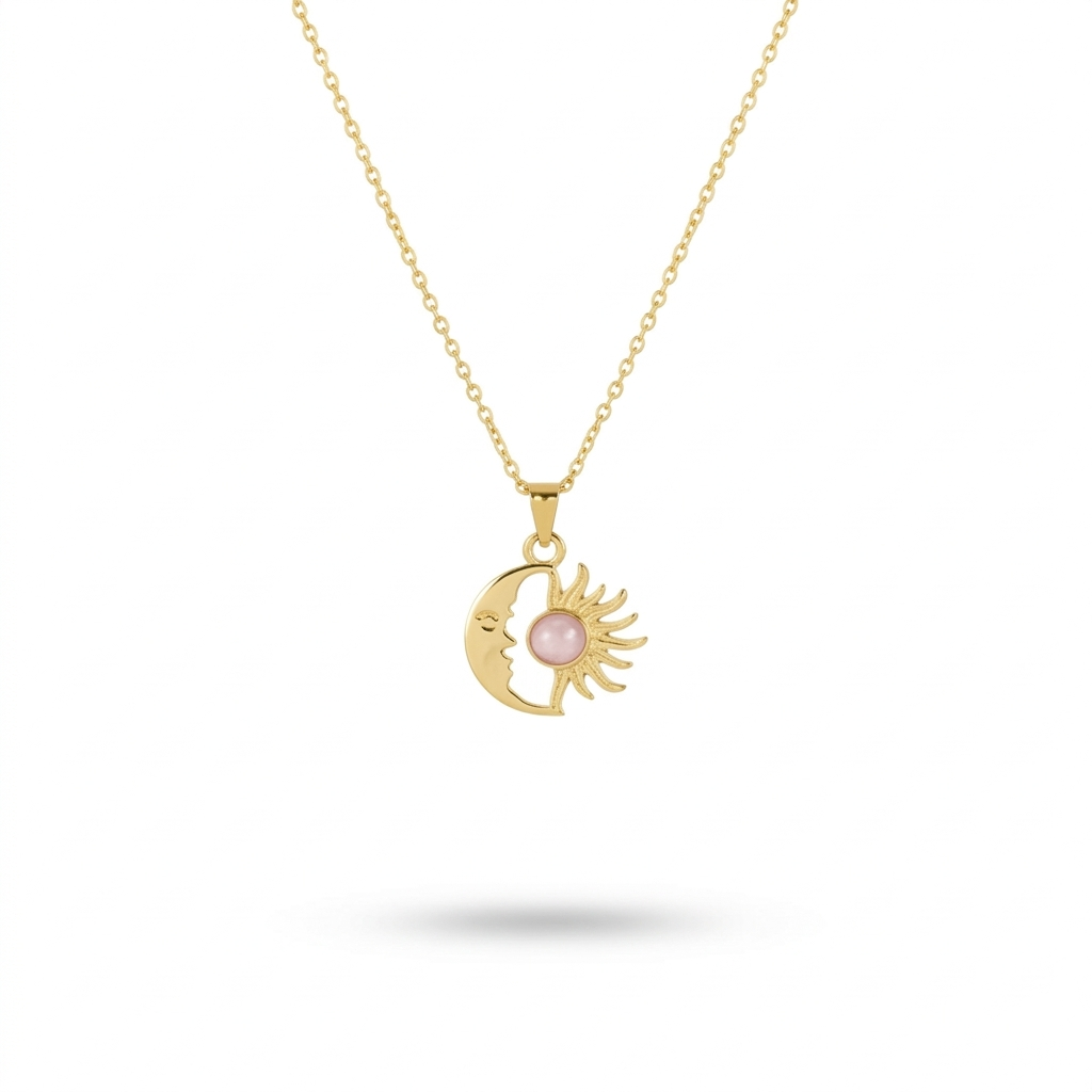 Beyaz mineli güneş kolye from İrva Collection with intricate design and elegant white enamel finish.