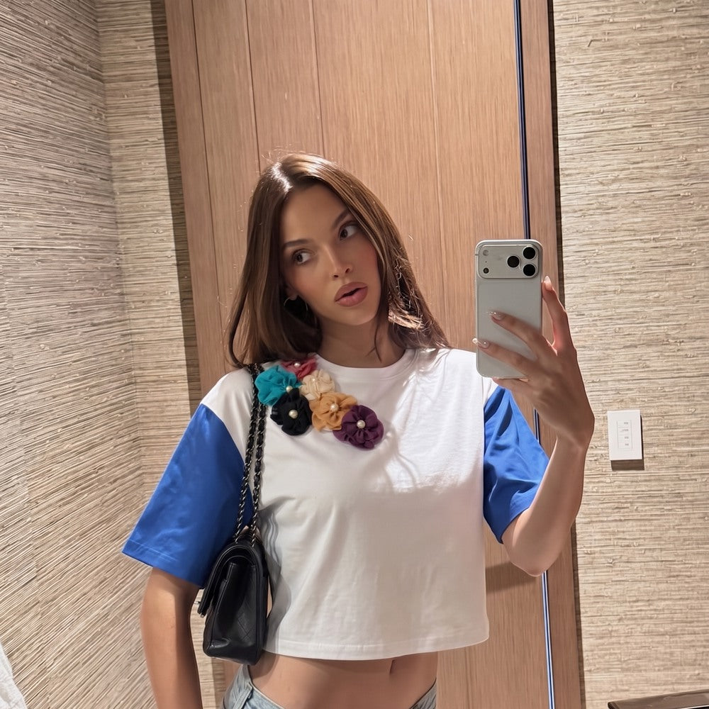 Kadın Mavi Beyaz Çiçek Detaylı Crop Örme T-Shirt