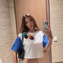 Kadın Mavi Beyaz Çiçek Detaylı Crop Örme T-Shirt