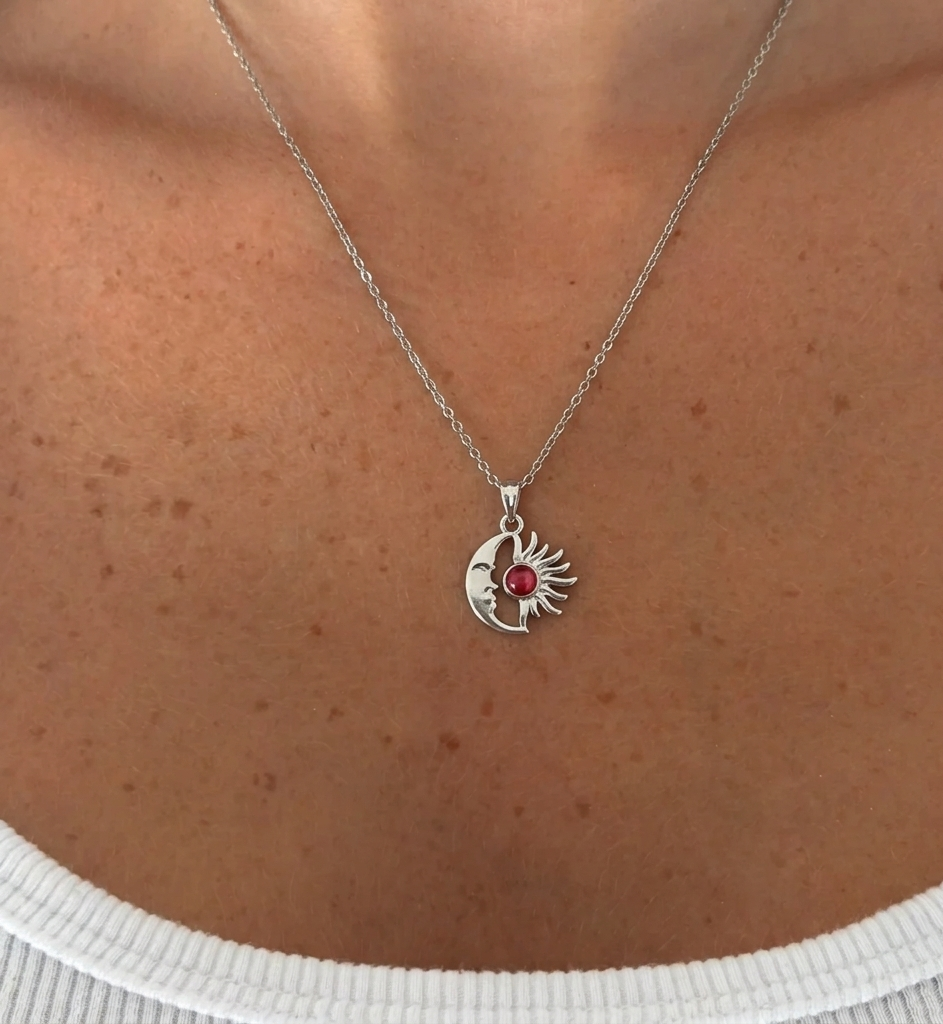 Silver Beyaz Mineli Güneş Kolye with delicate sun pendant from İrva Collection on a chain.