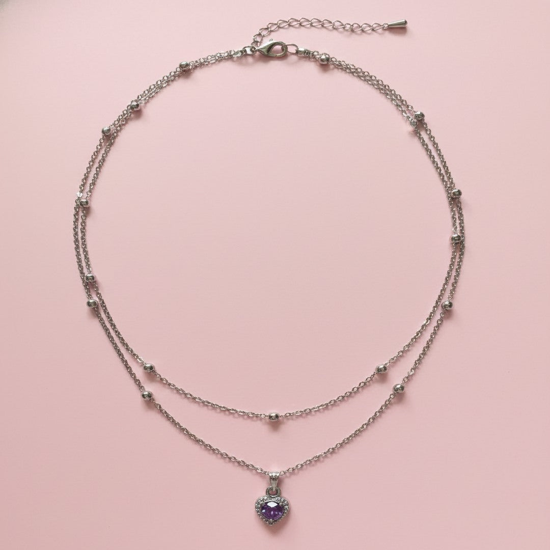 Mor Taşlı Kalp Kolye Set