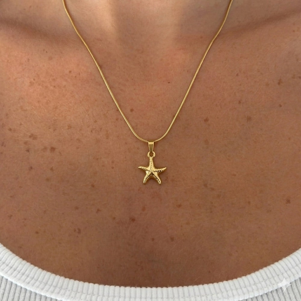 İrva Collection Kararmaz Deniz Yıldızı kolye with a starfish pendant on a delicate chain, close-up view of the jewelry.