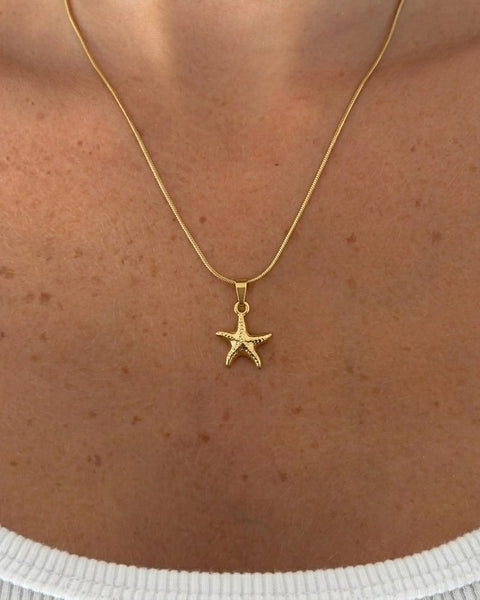 İrva Collection Kararmaz Deniz Yıldızı kolye with a starfish pendant on a delicate chain, close-up view of the jewelry.