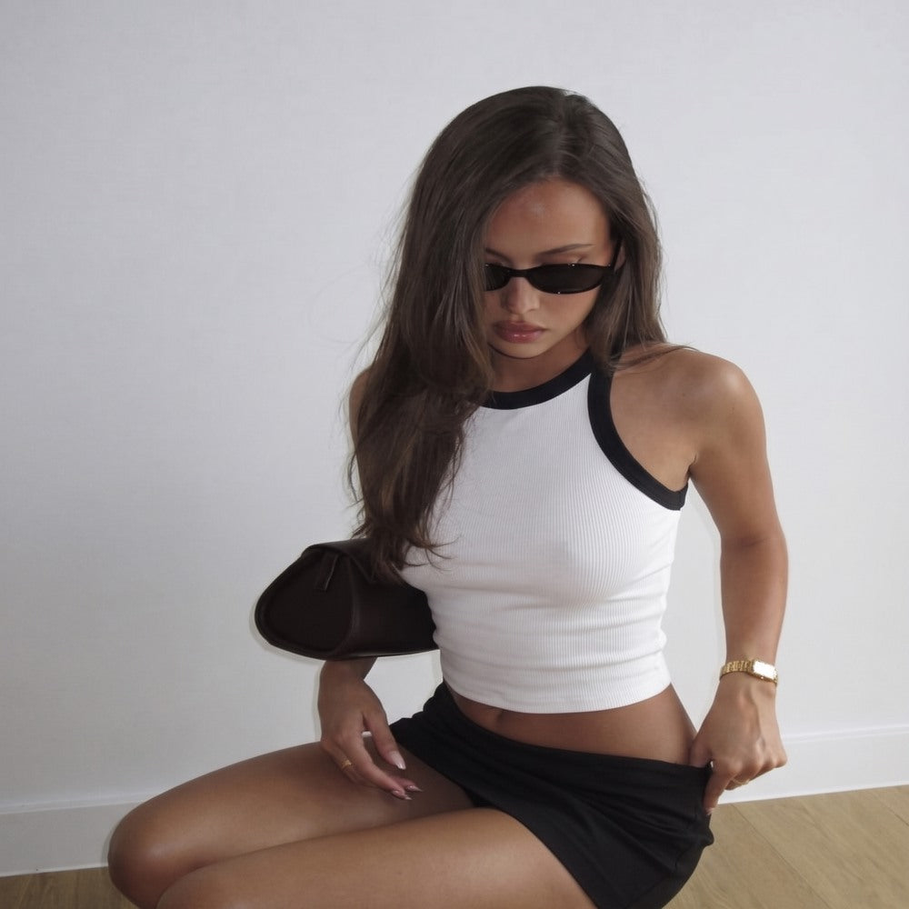 Kontrast Şeritli Halter Yaka Crop Bluz
