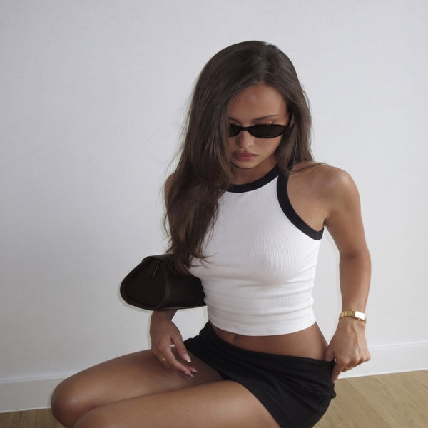 Kontrast Şeritli Halter Yaka Crop Bluz