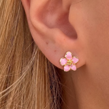Pink flower earrings from İrva Collection featuring delicate petal design and silver hooks, perfect for elegant accessories.