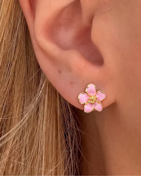 Pink flower earrings from İrva Collection featuring delicate petal design and silver hooks, perfect for elegant accessories.