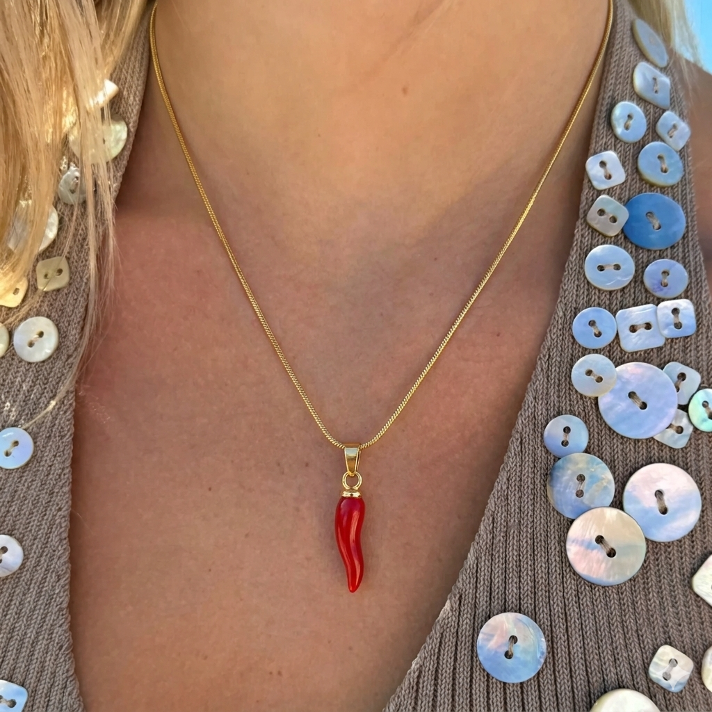 İrva Collection Viral Biber Kolye, a vibrant red pepper pendant necklace with intricate detailing and a gold chain.
