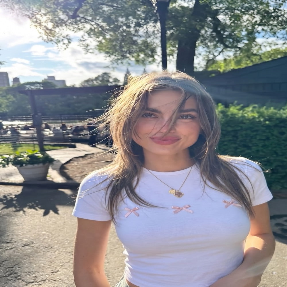 Kadın Beyaz Fiyonk Detaylı Crop T-Shirt