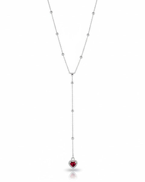Red heart-shaped Y necklace from İrva Collection, featuring a delicate chain and a prominent red heart pendant.