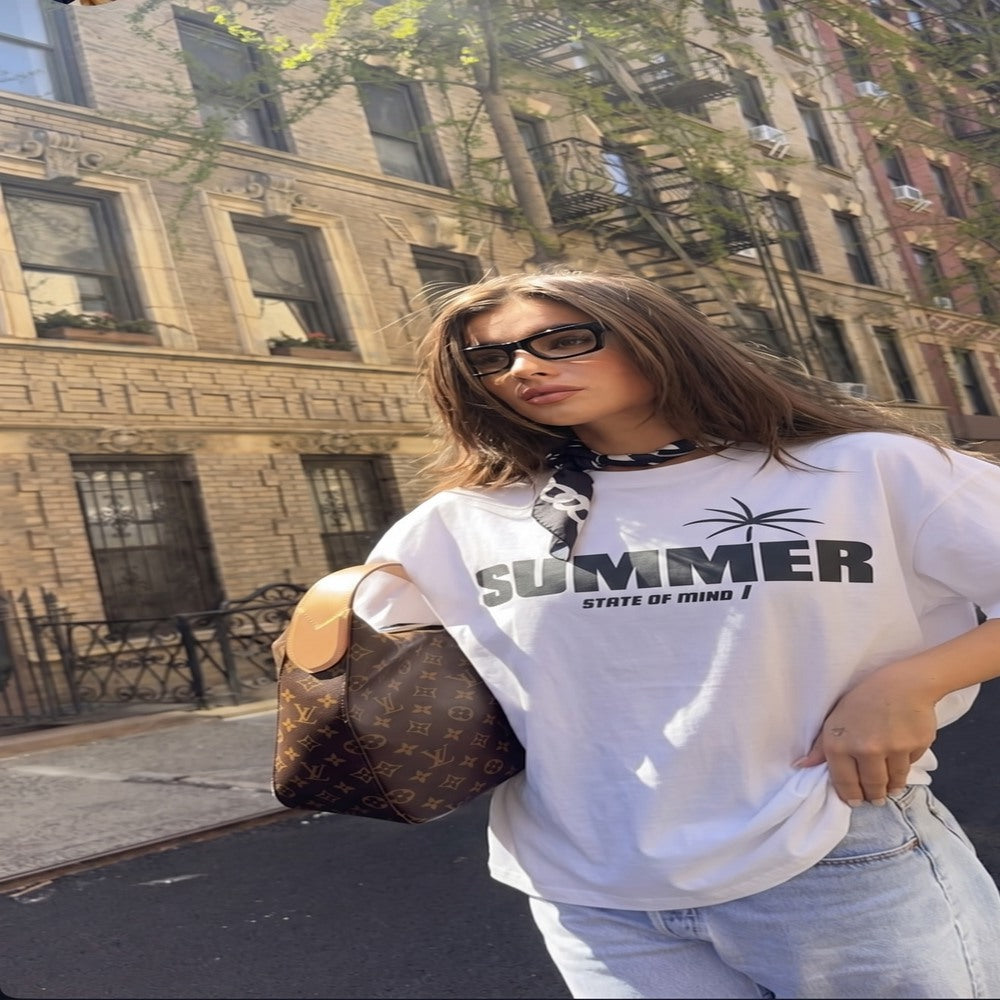 Kadın Ekru Baskılı Oversize Rahat Örme T-Shirt