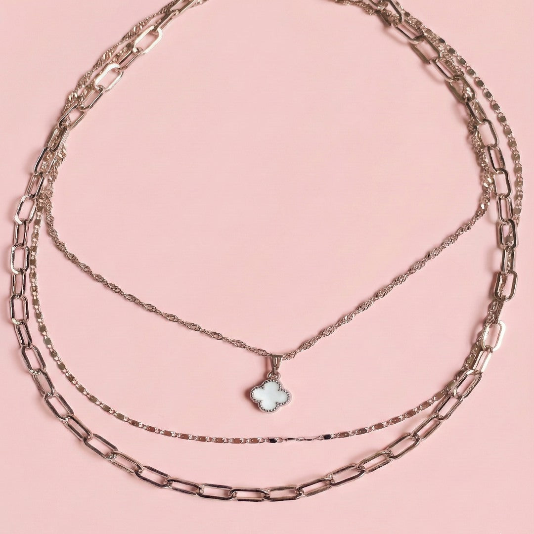 Gümüş Yonca Kombin Kolye Set