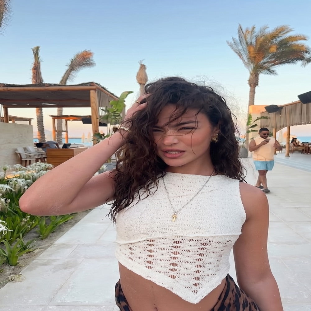 Kadın Krem Ajurlu Yazlık Crop Triko Bluz