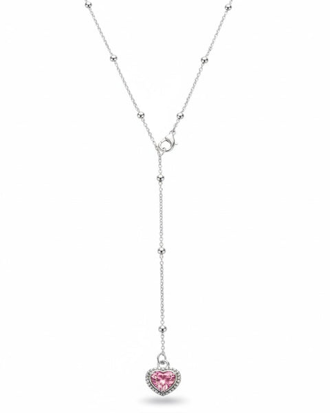 Pink heart pendant necklace from İrva Collection featuring a Y-shaped design with a delicate chain and pink heart charm.