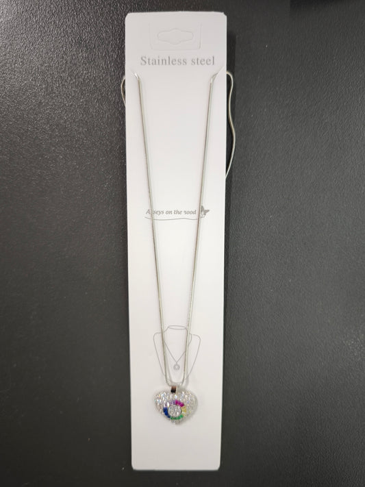 Silver Taşlı Renkli Kalp Kolye