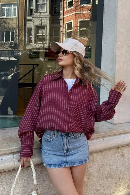 Mono Stripe Çizgili Çapraz Cepli Gömlek