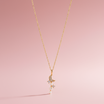 Zirkon Taşlı ve İncili Ay Kolye