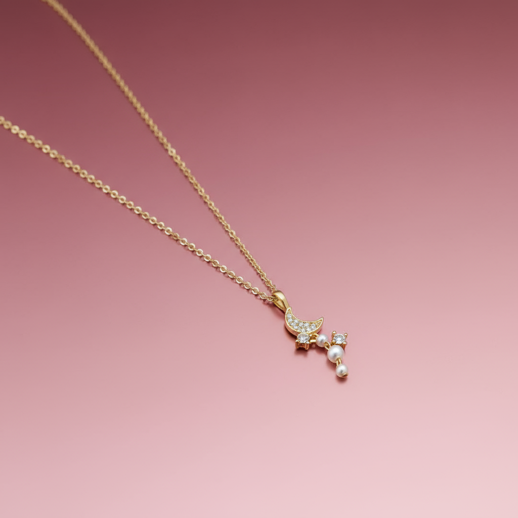 Zirkon Taşlı ve İncili Ay Kolye