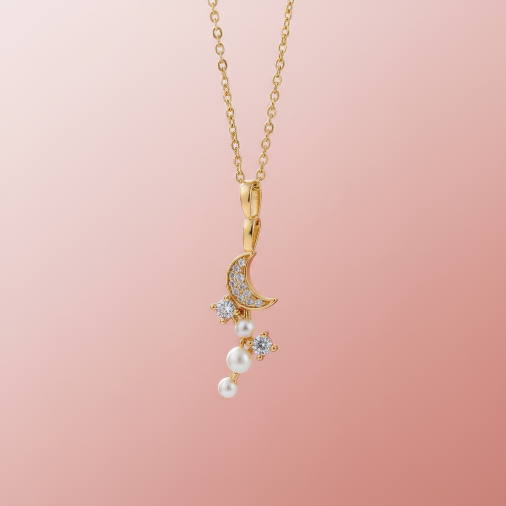 Zirkon Taşlı ve İncili Ay Kolye